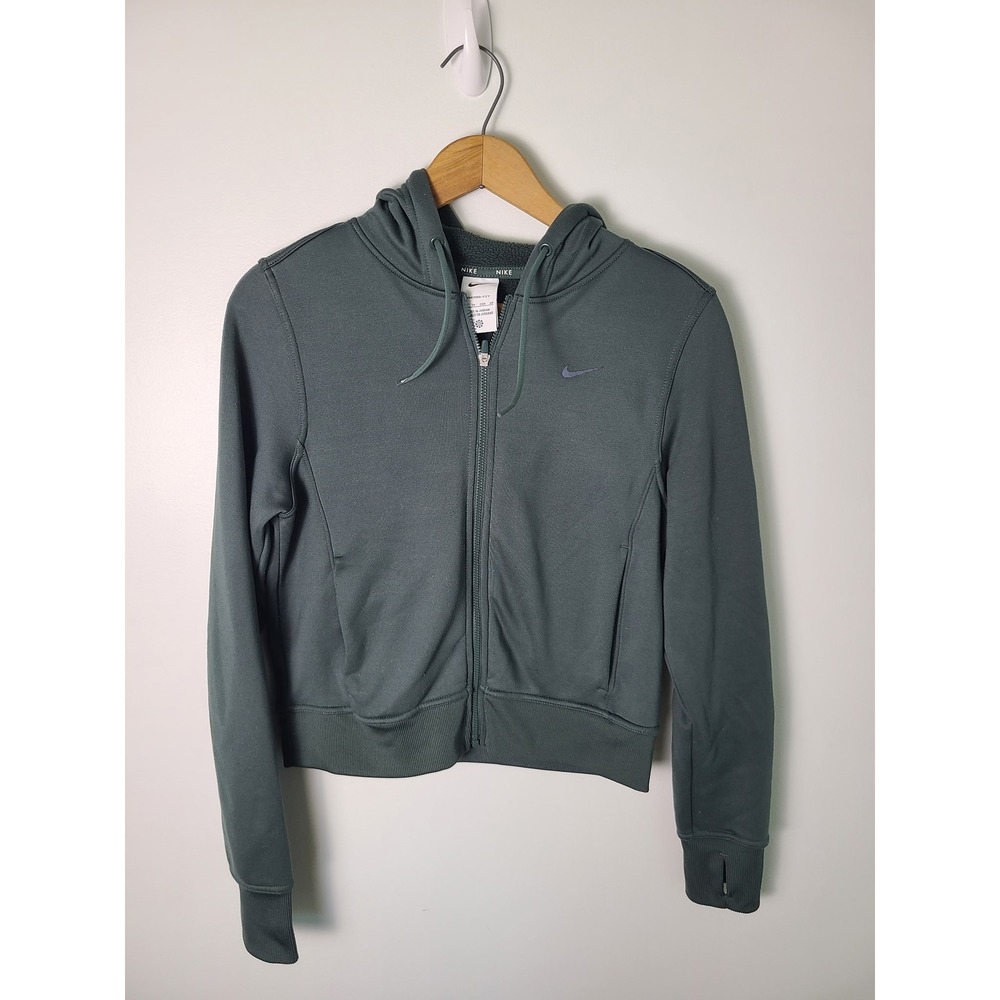 Nike Therma-FIT Wm XS Full Zip Cropped Hoodie Dark Green Fleece